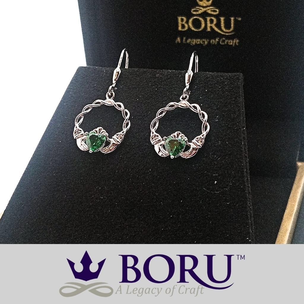 Sterling Silver Green CZ Claddagh Drop Earrings