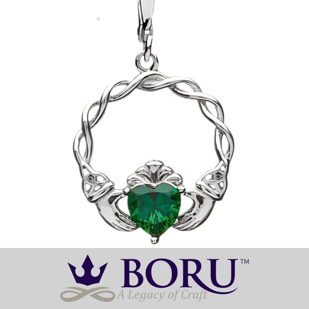 Sterling Silver Green CZ Claddagh Drop Earrings