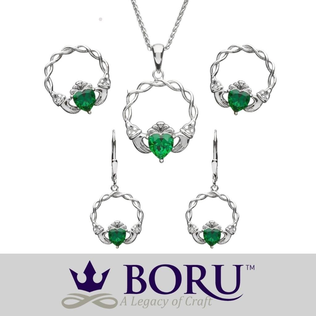 Sterling Silver Green CZ Claddagh Drop Earrings