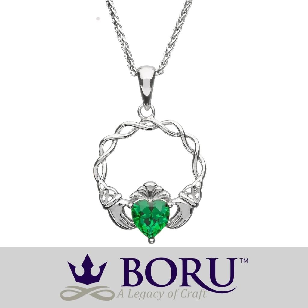 Sterling Silver Green CZ Claddagh Necklace