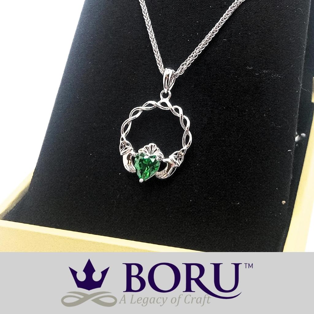 Sterling Silver Green CZ Claddagh Necklace