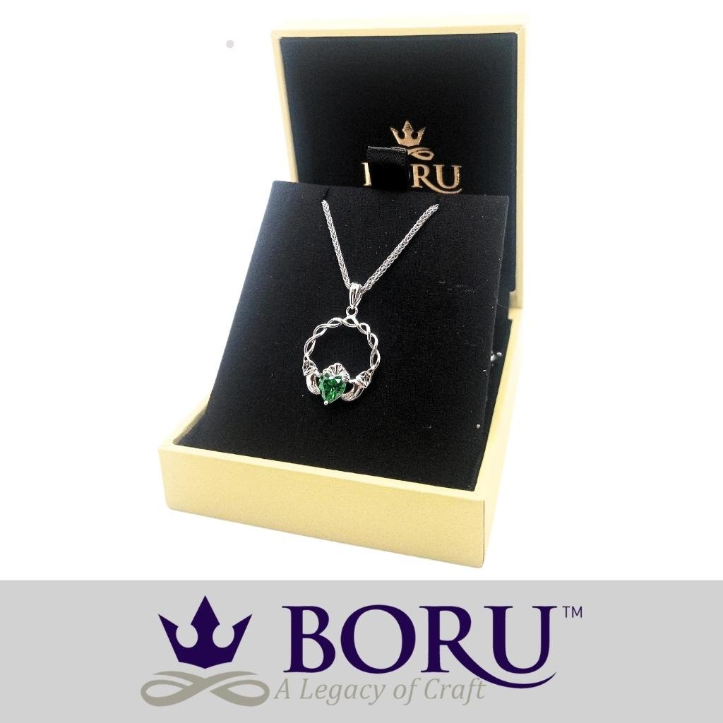 Sterling Silver Green CZ Claddagh Necklace
