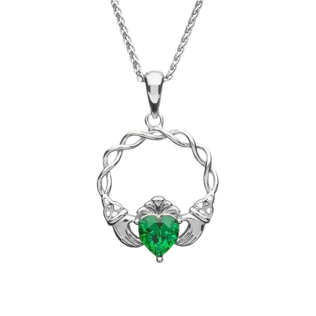 Sterling Silver Green CZ Claddagh Necklace