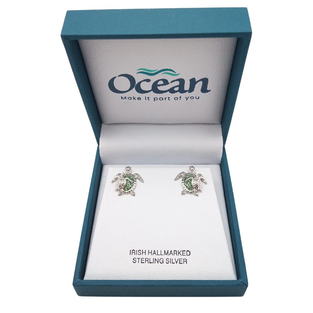 Sterling Silver Green Mother & Baby Turtle Stud Earrings