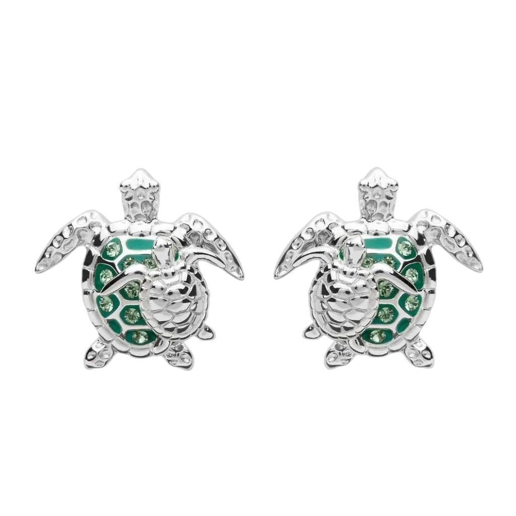 Sterling Silver Green Mother & Baby Turtle Stud Earrings