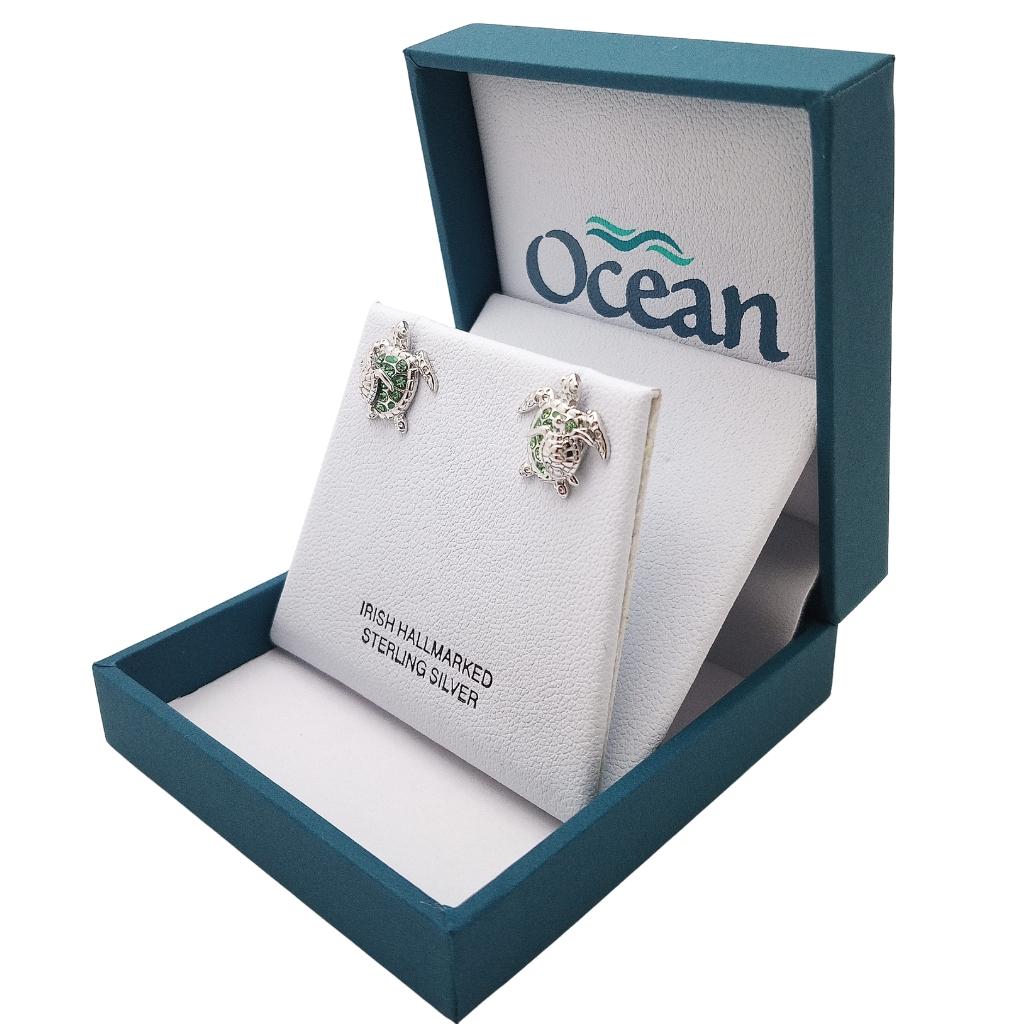 Sterling Silver Green Mother & Baby Turtle Stud Earrings