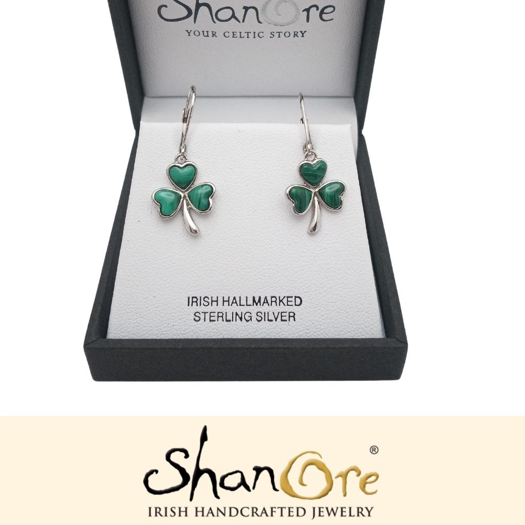 Sterling Silver Malachite Shamrock Drop Earrings