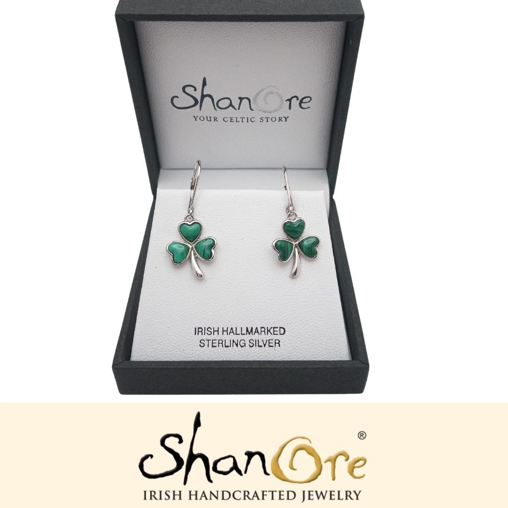Sterling Silver Malachite Shamrock Drop Earrings