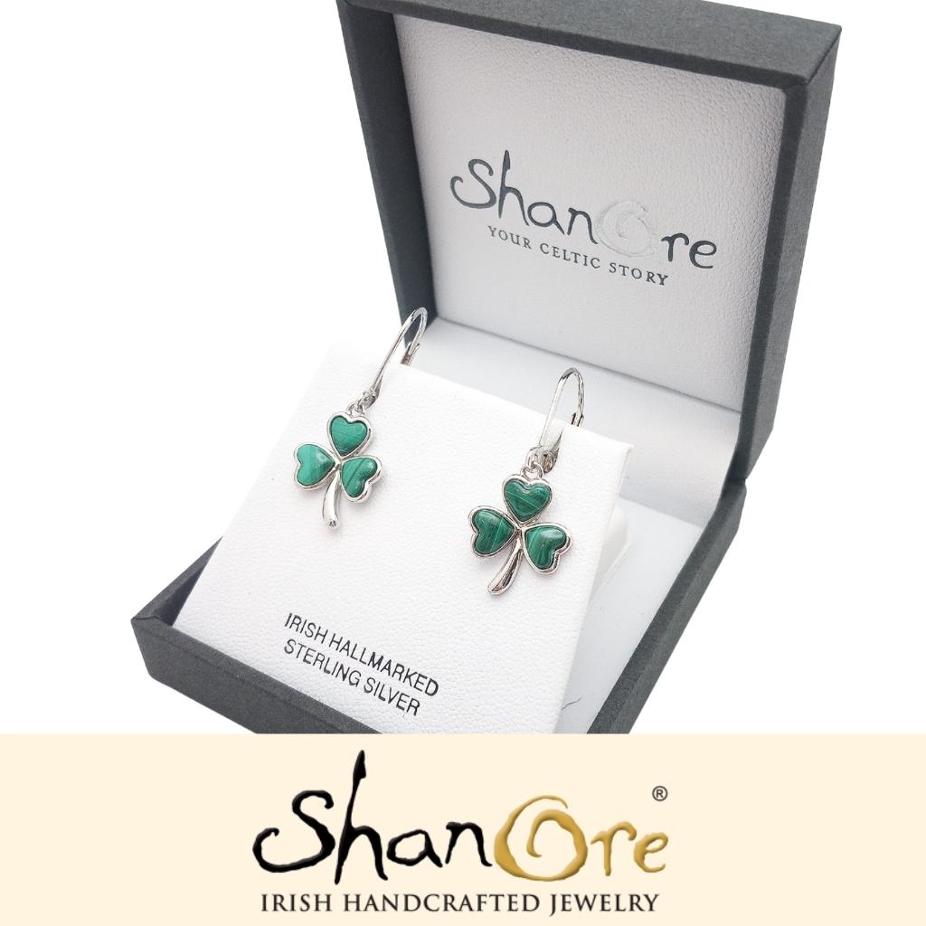 Sterling Silver Malachite Shamrock Drop Earrings