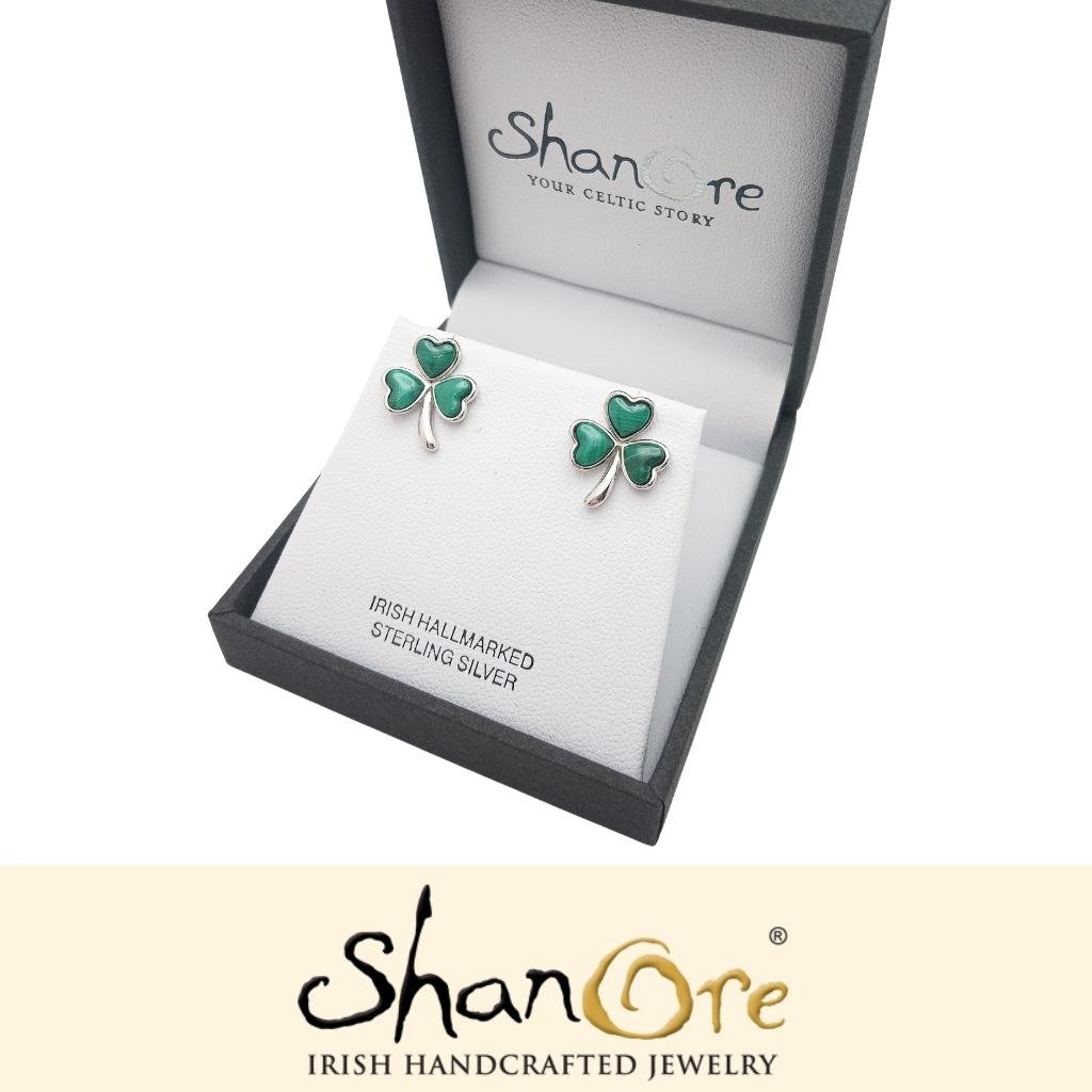 Sterling Silver Malachite Shamrock Stud Earrings