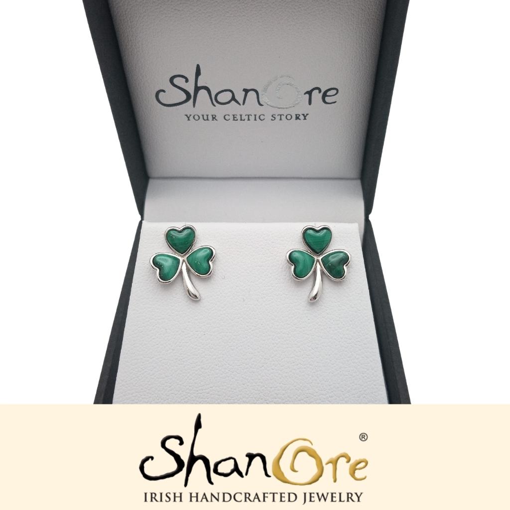 Sterling Silver Malachite Shamrock Stud Earrings