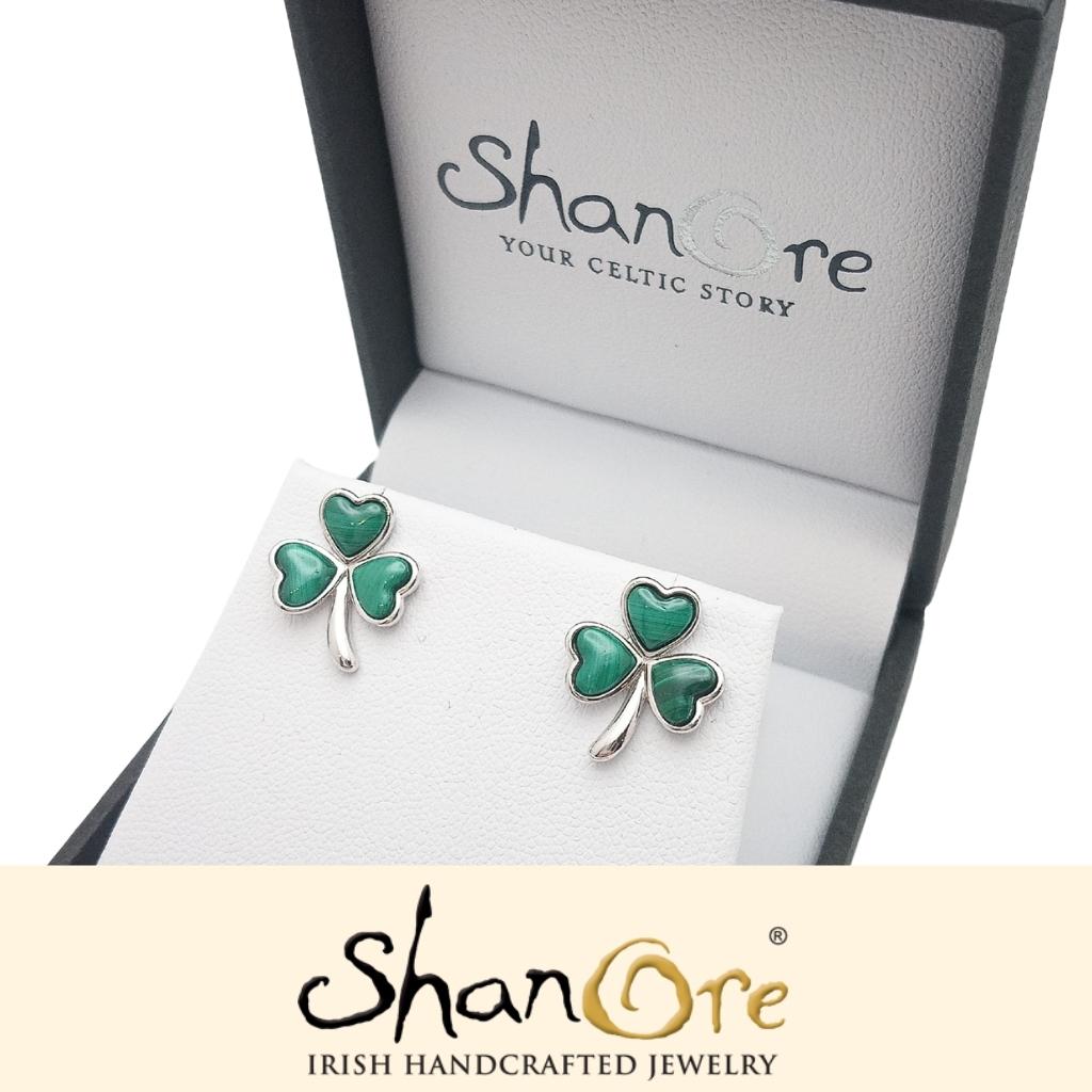 Sterling Silver Malachite Shamrock Stud Earrings