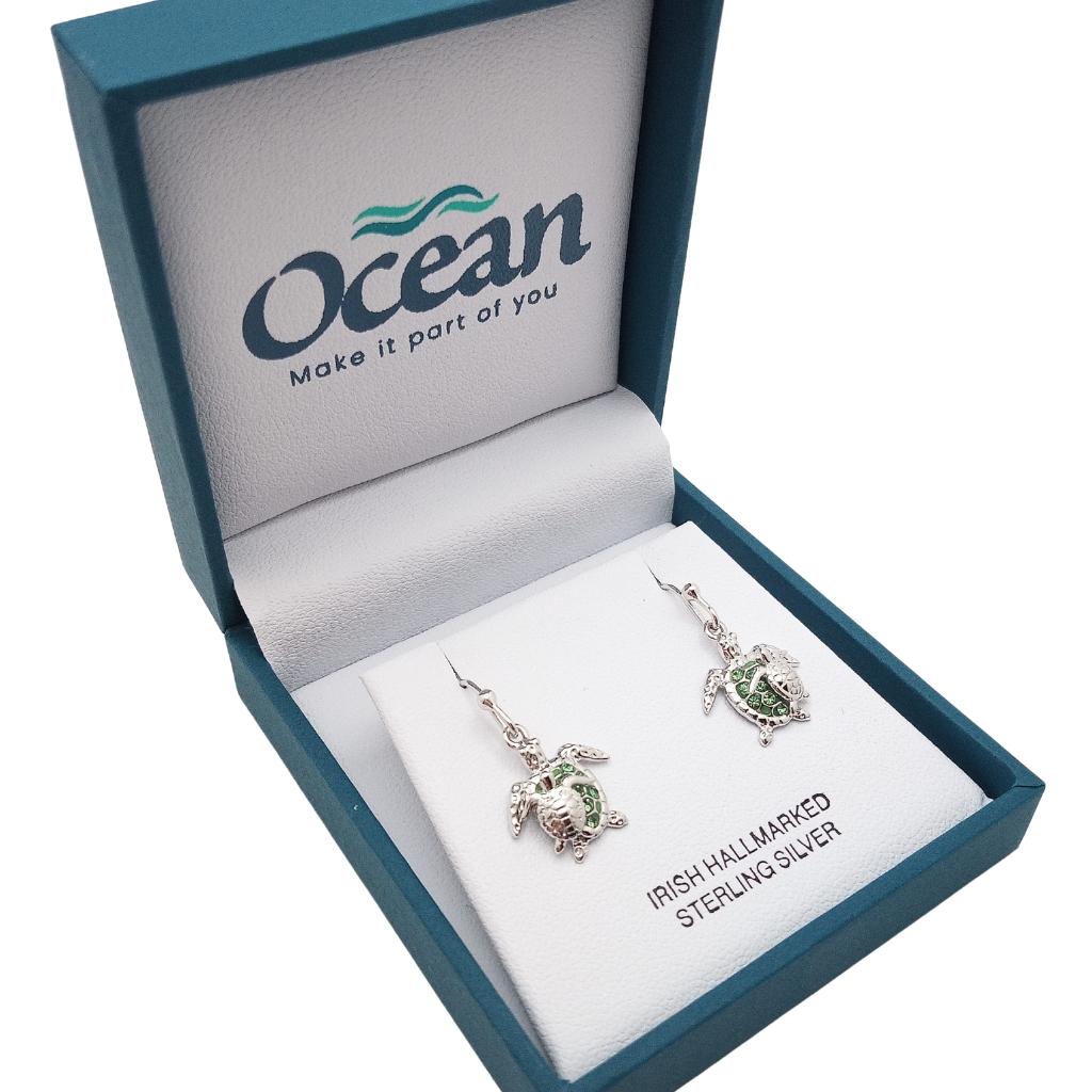 Sterling Silver Mother & Baby Green Turtle Drop Earrings