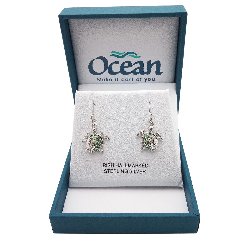 Sterling Silver Mother & Baby Green Turtle Drop Earrings