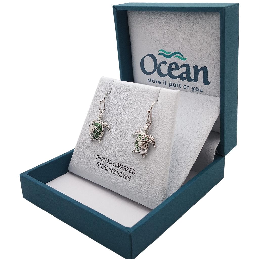 Sterling Silver Mother & Baby Green Turtle Drop Earrings