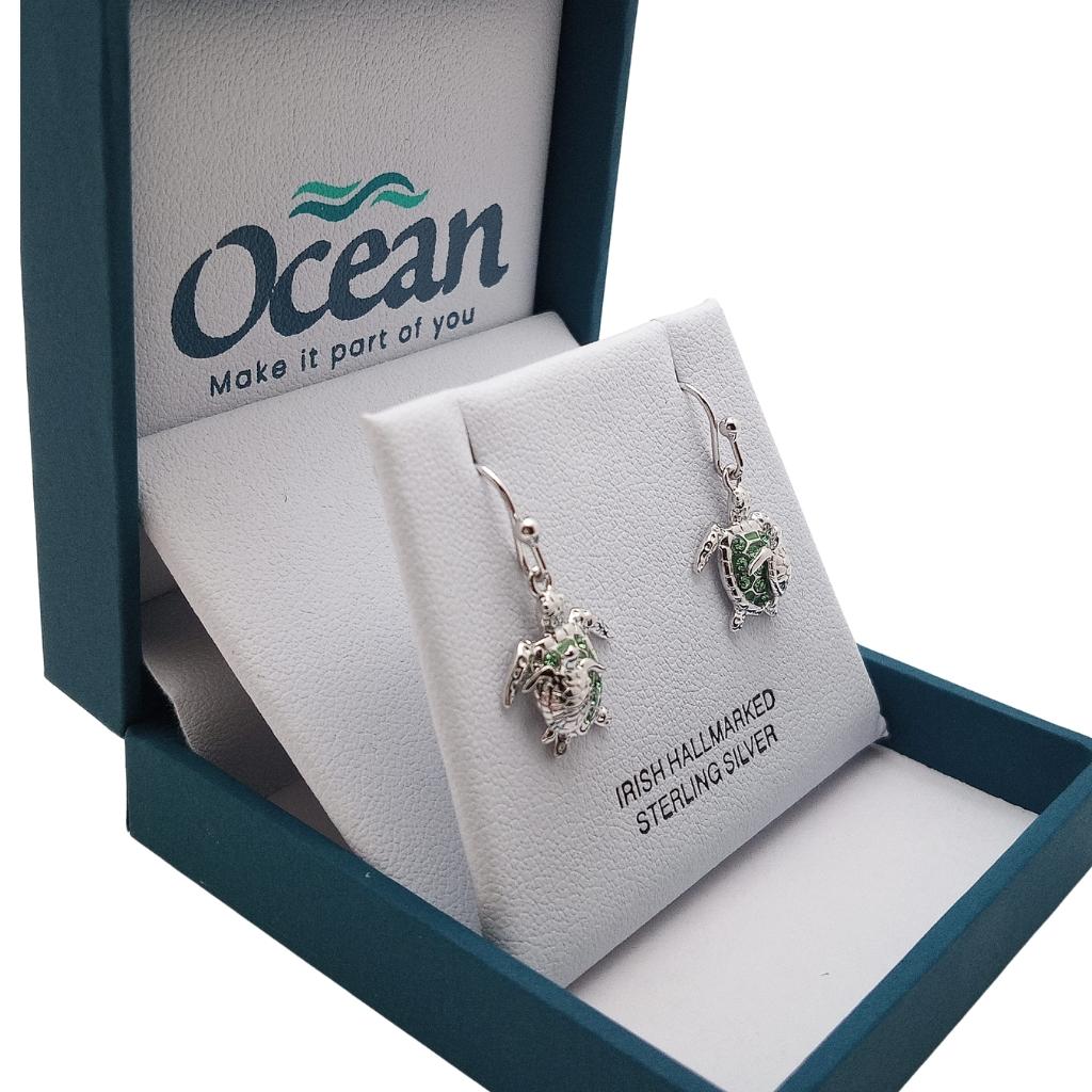 Sterling Silver Mother & Baby Green Turtle Drop Earrings