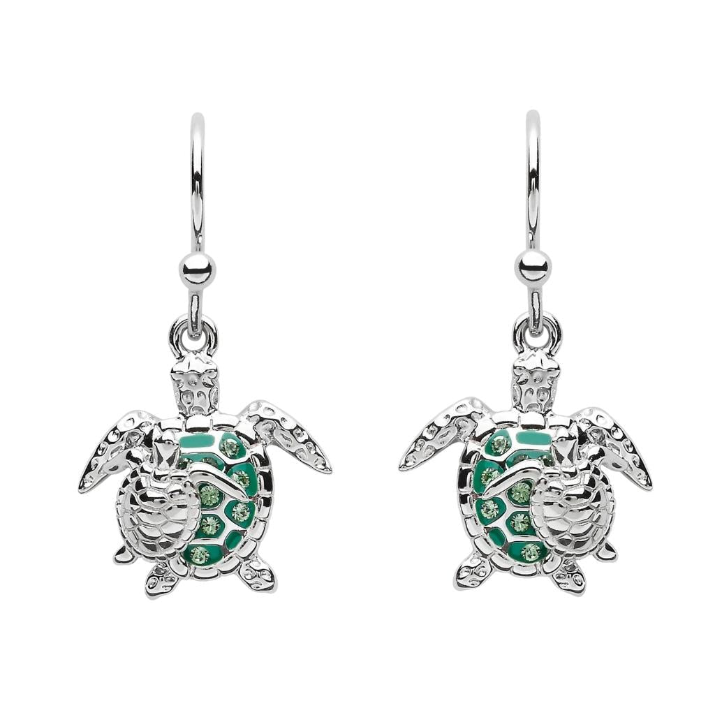 Sterling Silver Mother & Baby Green Turtle Drop Earrings