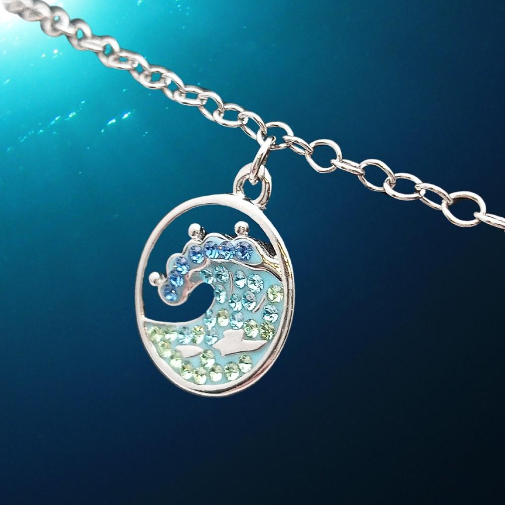Sterling Silver Ocean Wave Anklet with Turquoise Crystals