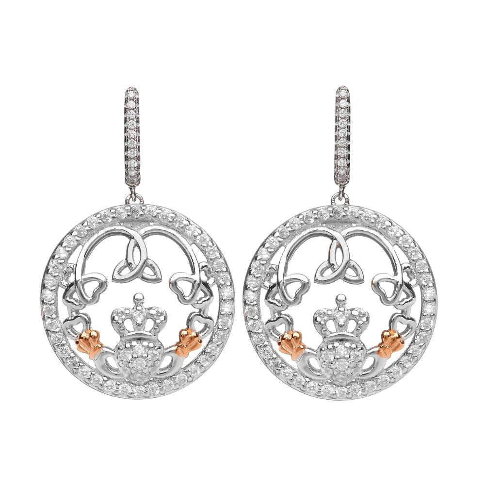 Sterling Silver Rose Gold Claddagh CZ Drop Earrings