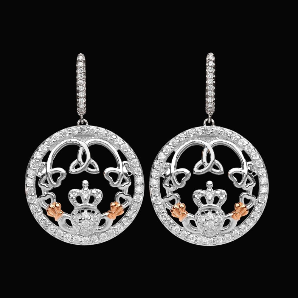 Sterling Silver Rose Gold Claddagh CZ Drop Earrings