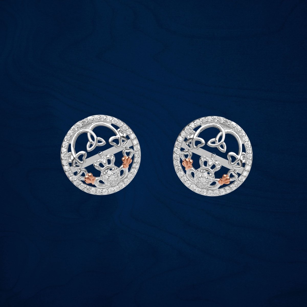 Sterling Silver Rose Gold Claddagh CZ Stud Earrings - The Celtic Gift Store - Earrings