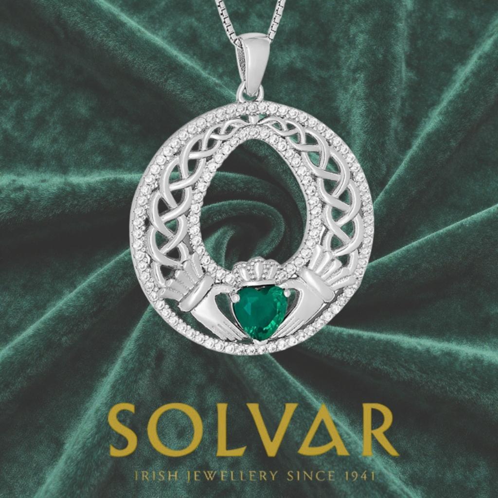 Sterling Silver Round Green Cz Celtic Claddagh Necklace by Solvar Jewelry - Necklaces