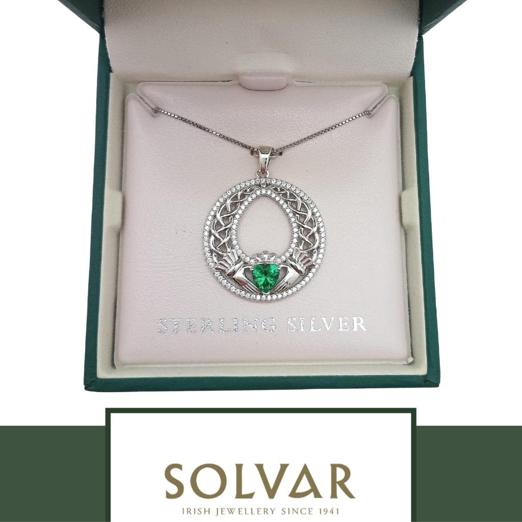 Sterling Silver Round Green Cz Celtic Claddagh Necklace by Solvar Jewelry - Necklaces