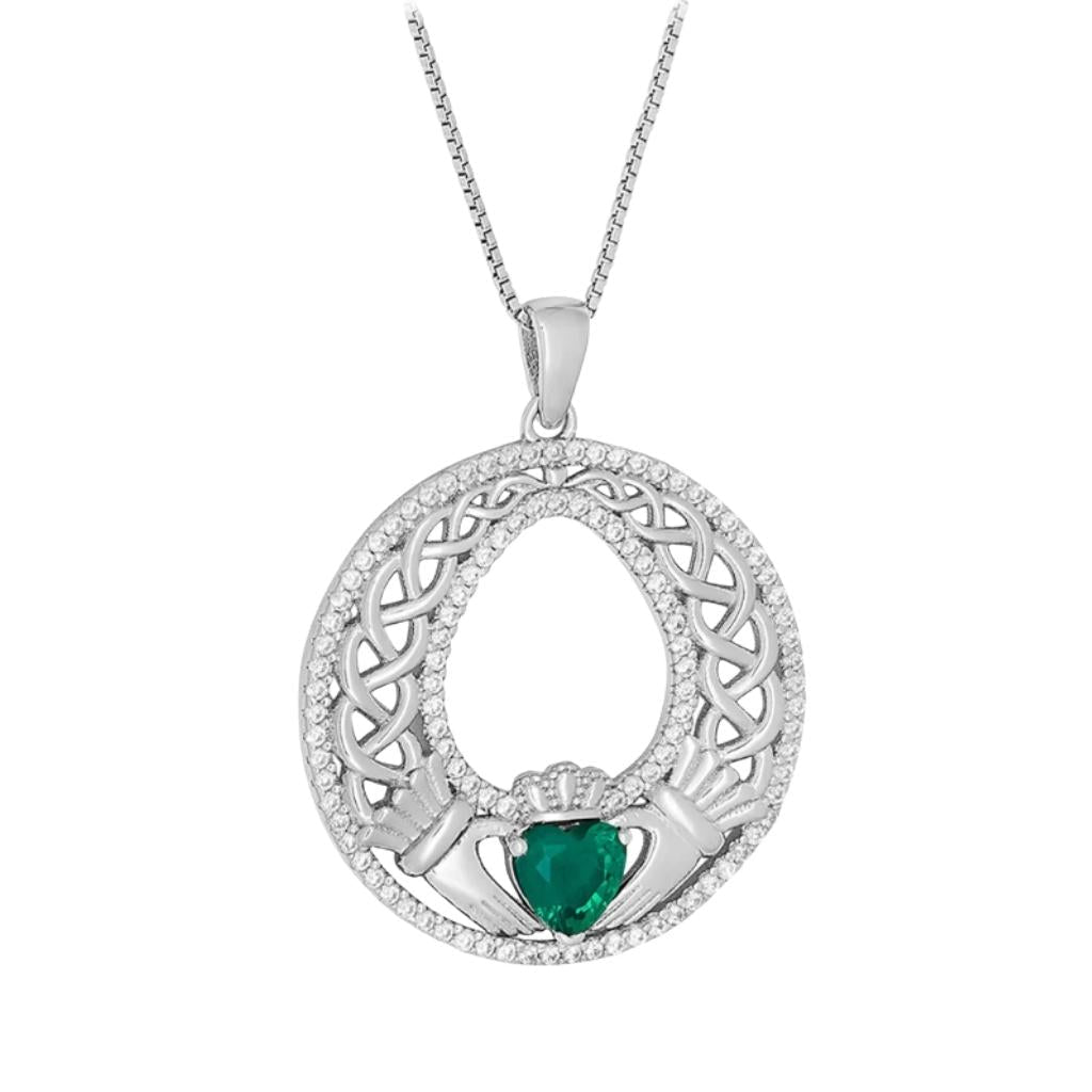 Sterling Silver Round Green Cz Celtic Claddagh Necklace by Solvar Jewelry - Necklaces