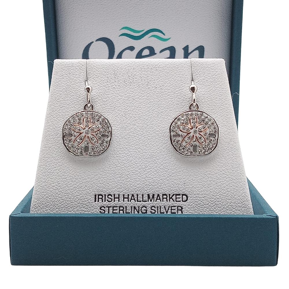 Sterling Silver Sand Dollar Drop Earrings with Clear Crystals