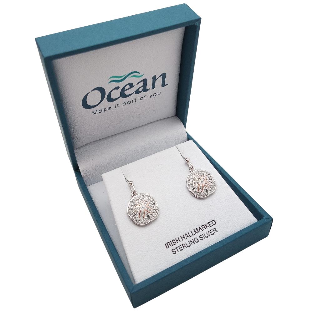 Sterling Silver Sand Dollar Drop Earrings with Clear Crystals