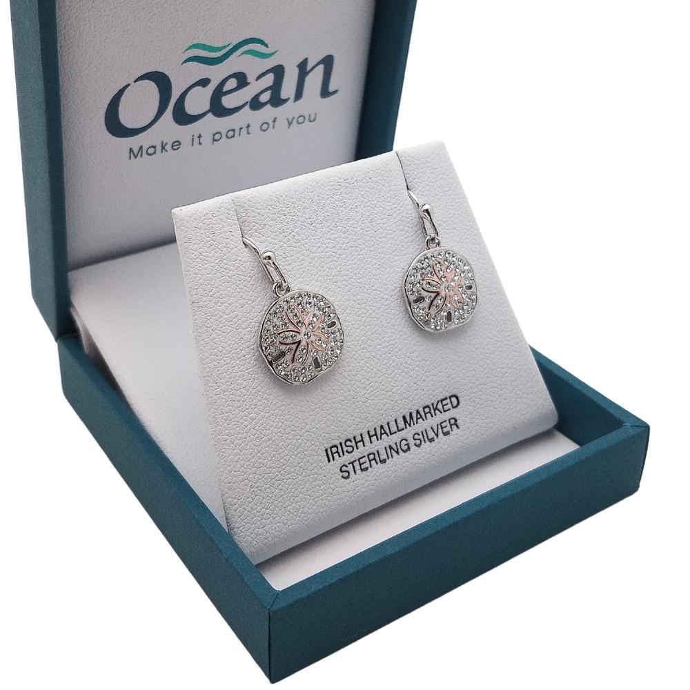 Sterling Silver Sand Dollar Drop Earrings with Clear Crystals