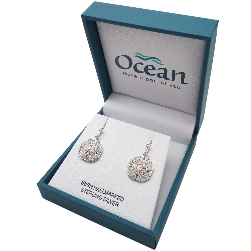 Sterling Silver Sand Dollar Drop Earrings with Clear Crystals