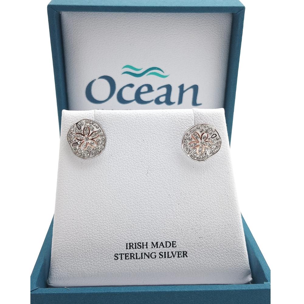 Sterling Silver Sand Dollar Stud Earrings with Clear Crystals