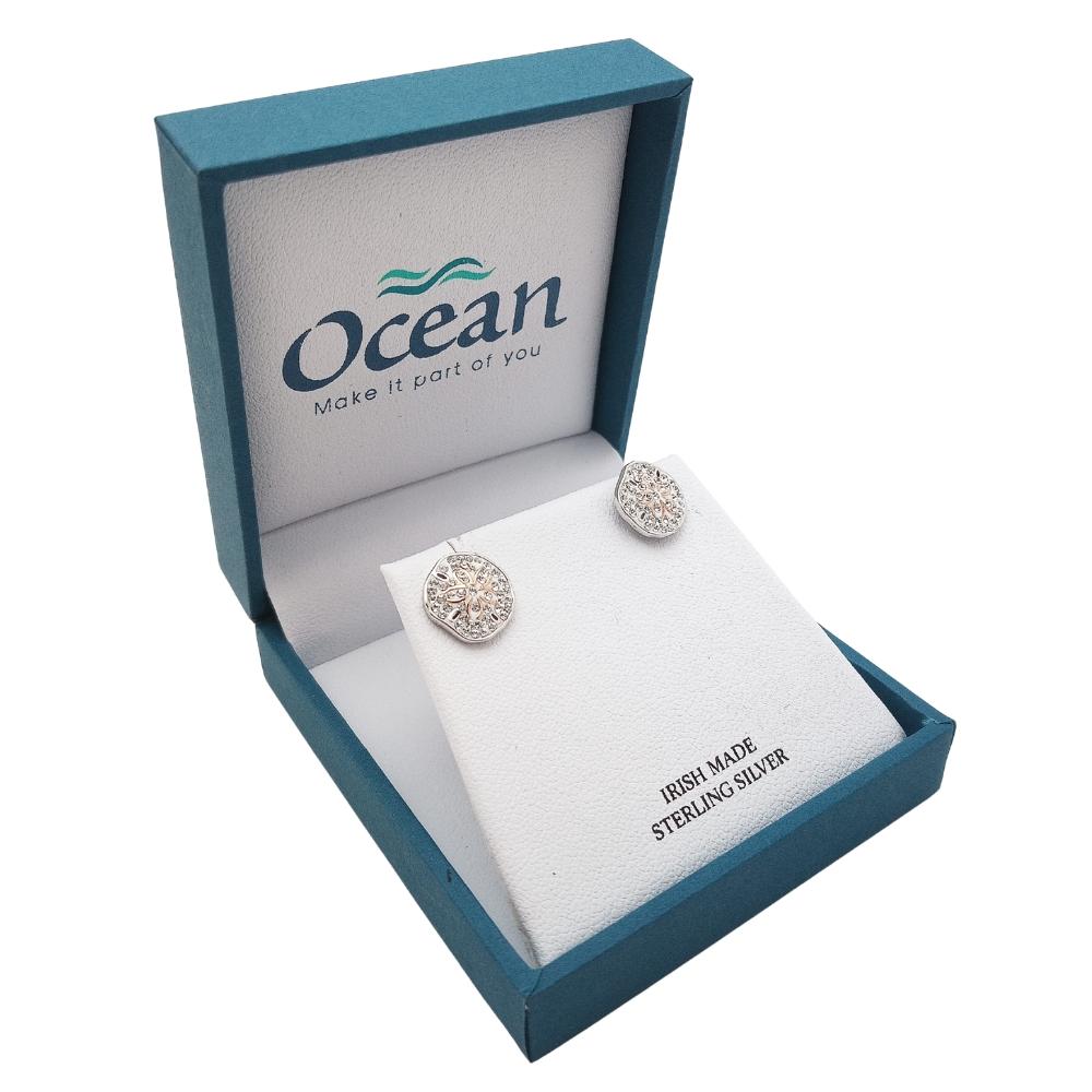 Sterling Silver Sand Dollar Stud Earrings with Clear Crystals