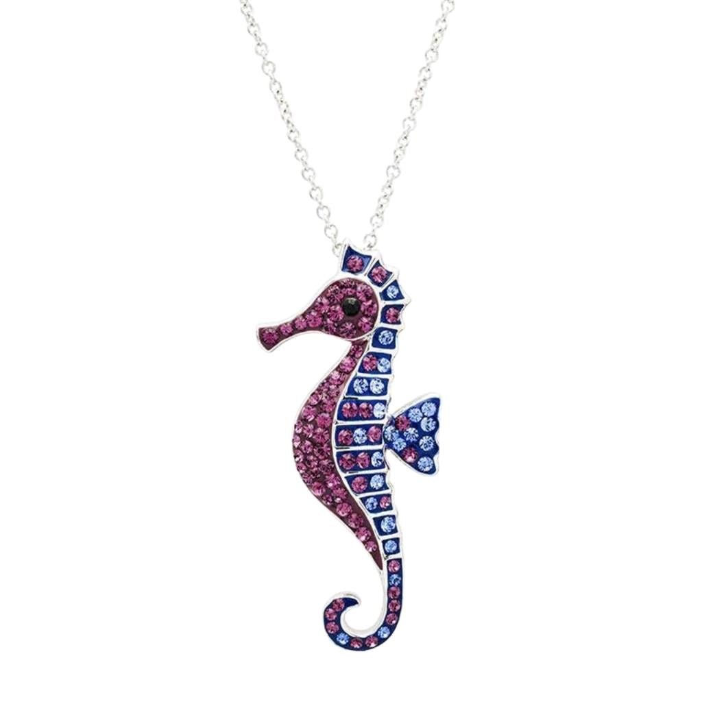 Sterling Silver Sapphire and Amethyst Crystal Seahorse Necklace