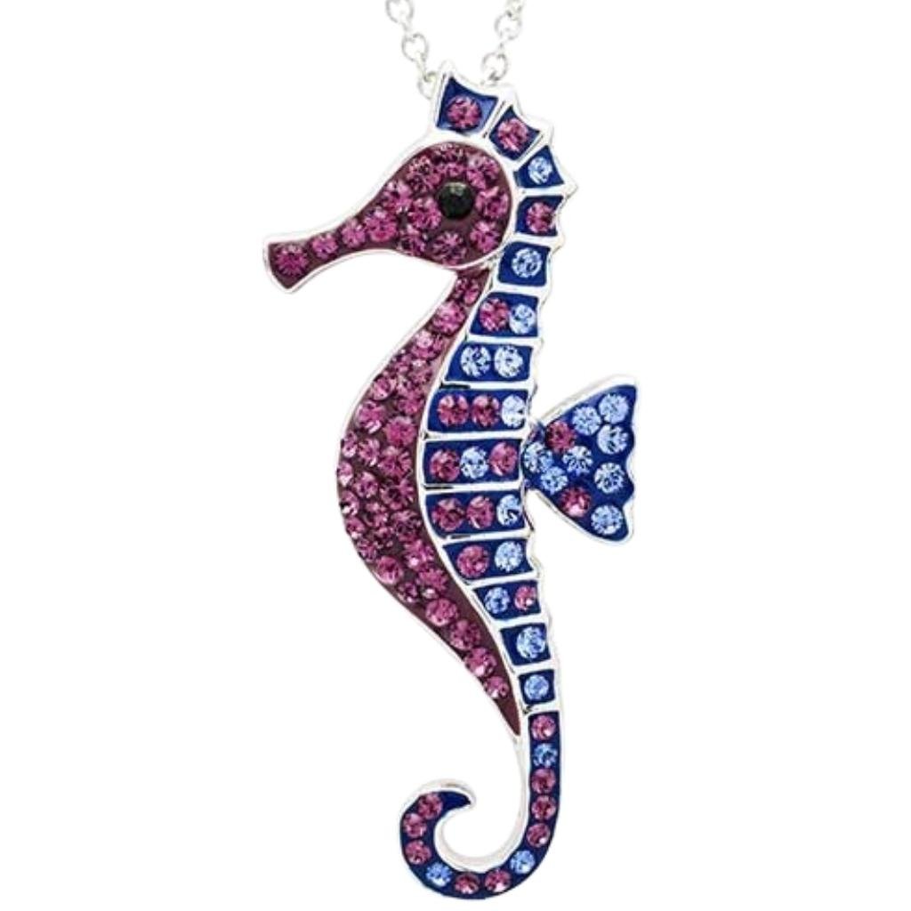 Sterling Silver Sapphire and Amethyst Crystal Seahorse Necklace