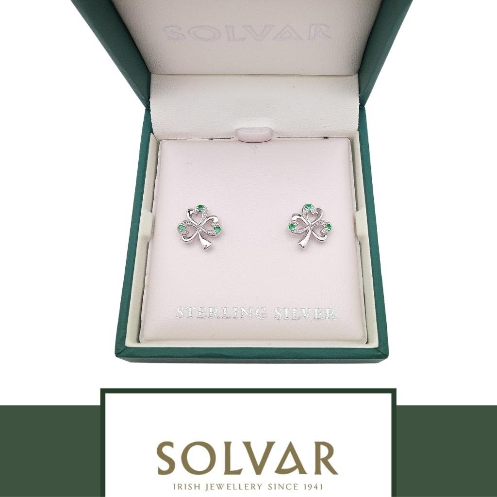 Sterling Silver Simulated Emerald Shamrock Stud Earrings by Solvar Jewelry - Earrings