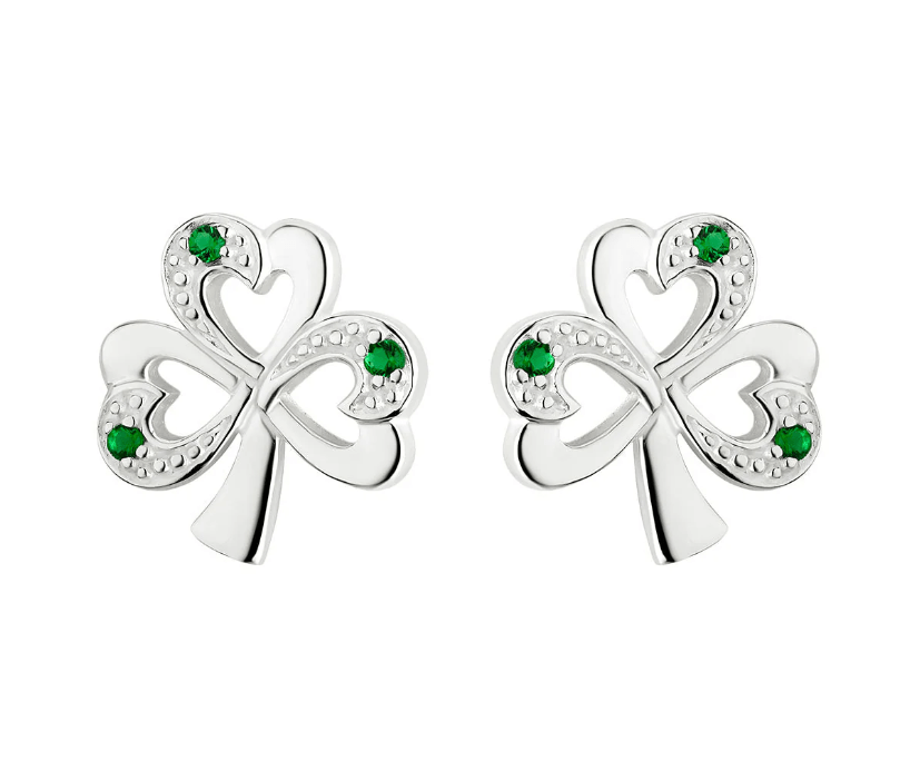 Sterling Silver Simulated Emerald Shamrock Stud Earrings - The Celtic Gift Store - Earrings
