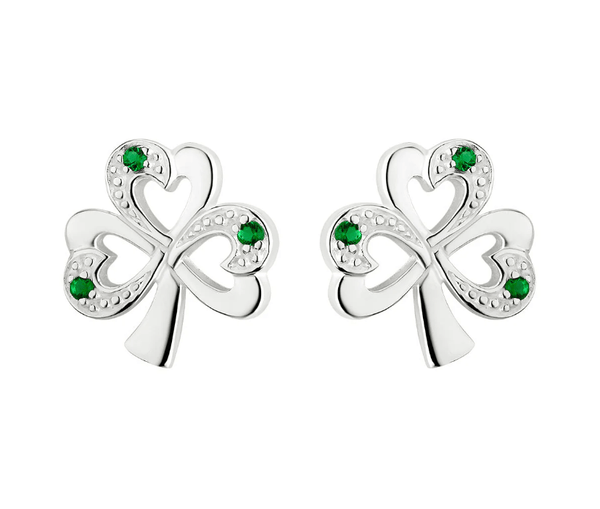 Sterling Silver Simulated Emerald Shamrock Stud Earrings - The Celtic Gift Store - Earrings