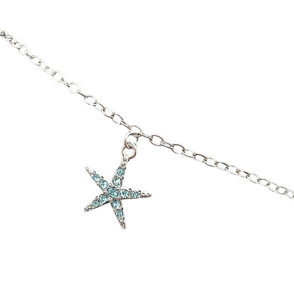 Sterling Silver Starfish Anklet with Aqua Crystals