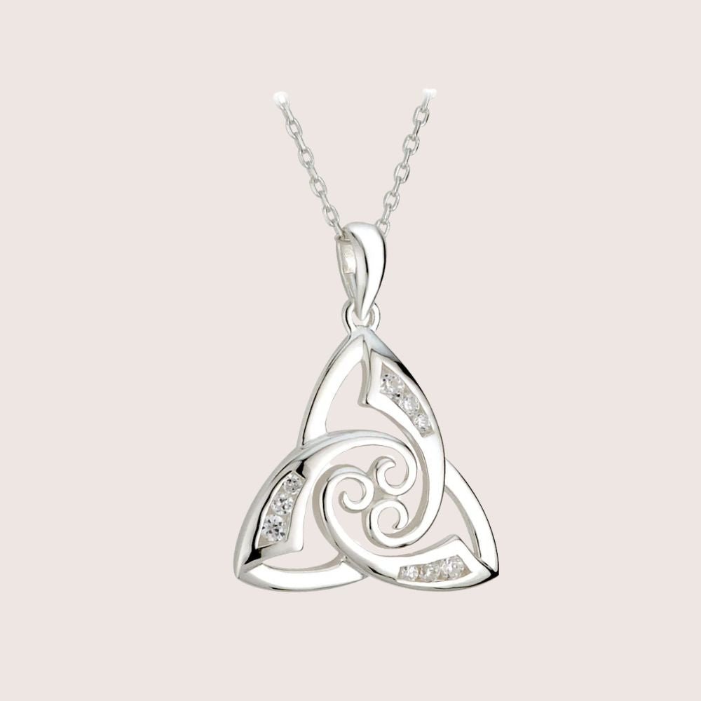 Sterling Silver Trinity Knot and Celtic Spiral Necklace with CZ