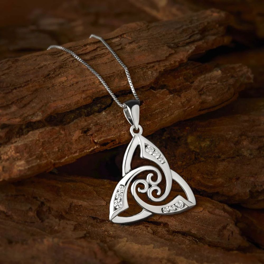 Sterling Silver Trinity Knot and Celtic Spiral Necklace with CZ