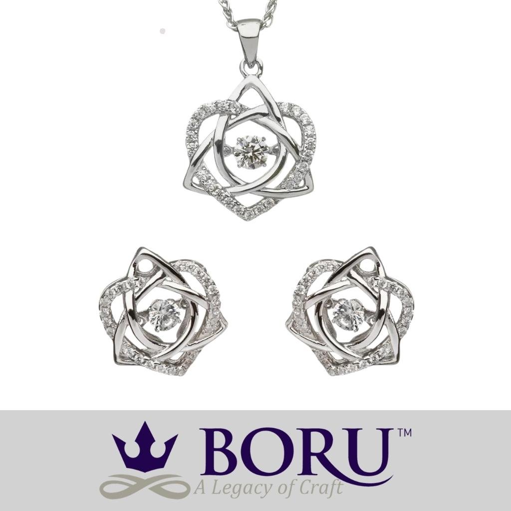 Sterling Silver Trinity Knot and Heart Dancing Stone Earrings
