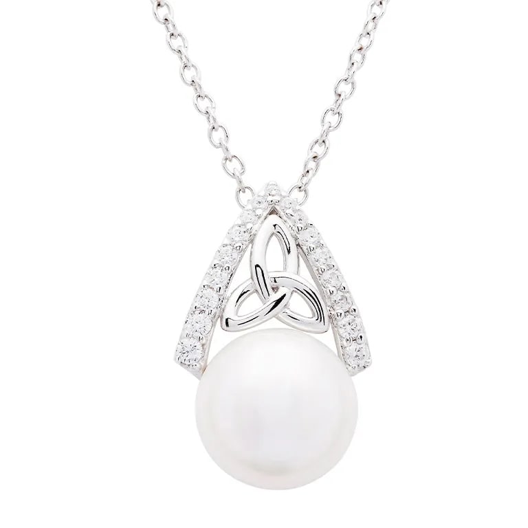 Sterling Silver Trinity Knot Capped Pearl Necklace - The Celtic Gift Store - Earrings