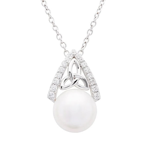 Sterling Silver Trinity Knot Capped Pearl Necklace - The Celtic Gift Store - Earrings