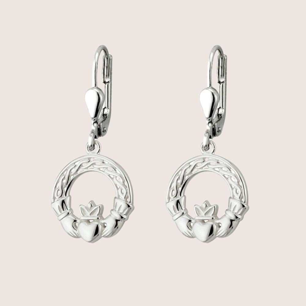 Sterling Silver Woven Celtic Knot And Claddagh Drop Earrings