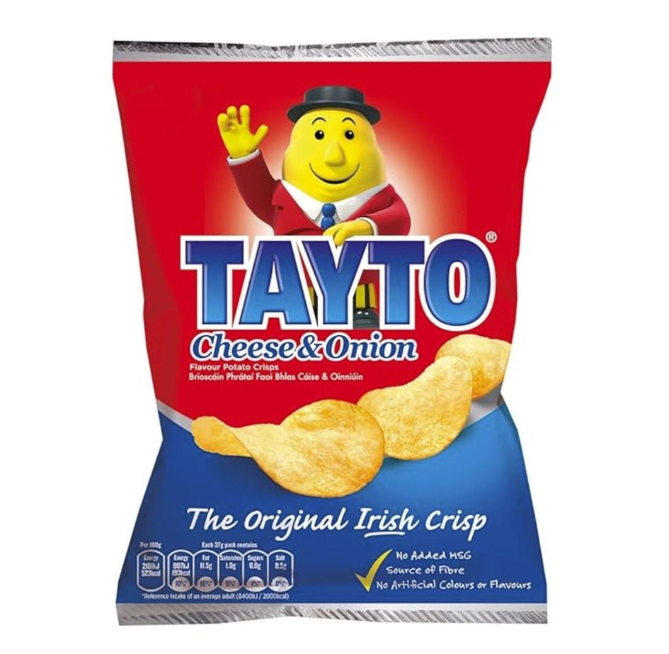 Tayto Cheese & Onion potato chip packet with a cartoon character on a white background