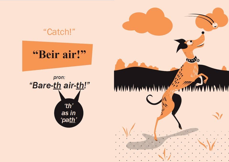 Illustration of a dog with bat-like wings flying, with text about the word 'bear' pronounced 'bare-th air-th'.