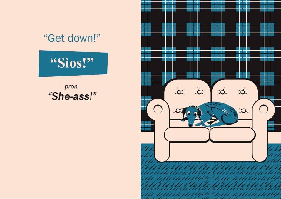 Cartoon dog on a couch with text and plaid pattern