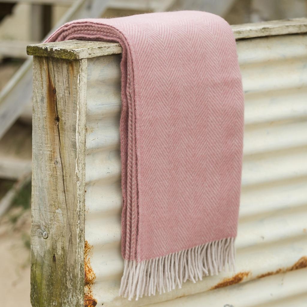 Tweedmill Dusty Pink and Pearl Herringbone Wool Throw Expertly Crafted from 100% Pure Wool